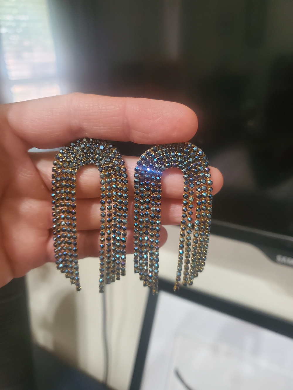 Crystal Fringe Drop Earrings - Blue-Green Sparkle